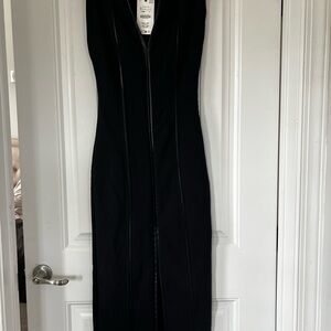 Zara Black Midi Dress with Faux Leather Details